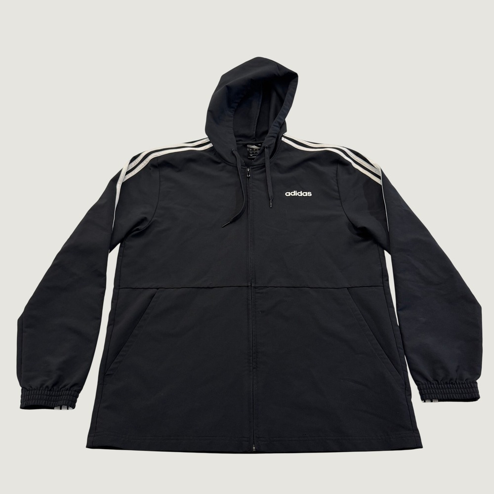 Adidas Men's Large Black White 3 Stripe Full Zip Hooded Track Jacket
